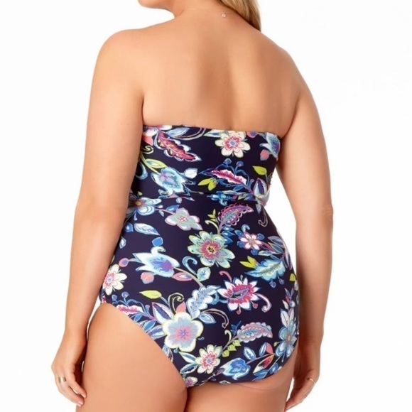 Anne Cole Twist Front Shirred Navy Tropical One Piece Swimsuit - Picture 3 of 14